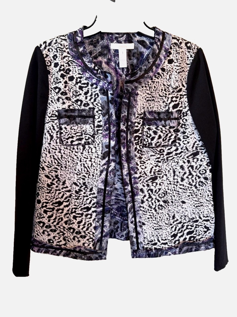 Chico’s Animal Print Cardigan Open Front Jacket Sz 1 M Mixed Media Black Purple